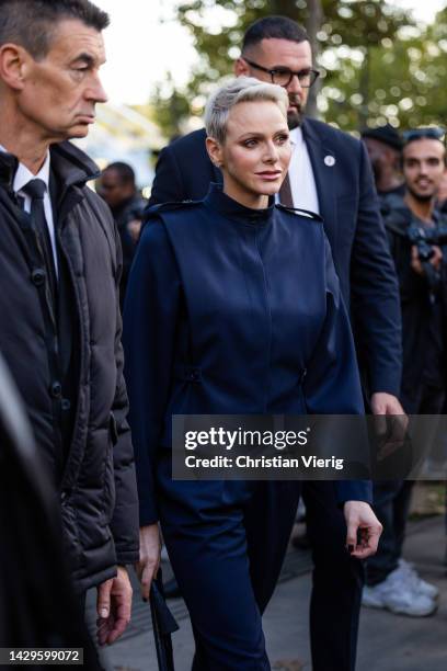 Princess Charlene of Monaco attends Akris show during the Paris Fashion Week - Womenswear Spring/Summer 2023 - Day Six on October 01, 2022 in Paris,...