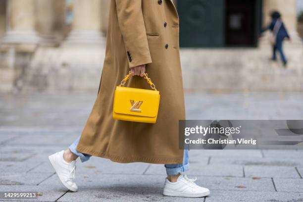 Alexandra Lapp wears Medeea long coat in beige, Agolde destroyed denim in light blue, Loewe mohair knit sweater in multicolor, Louis Vuitton Twist MM...