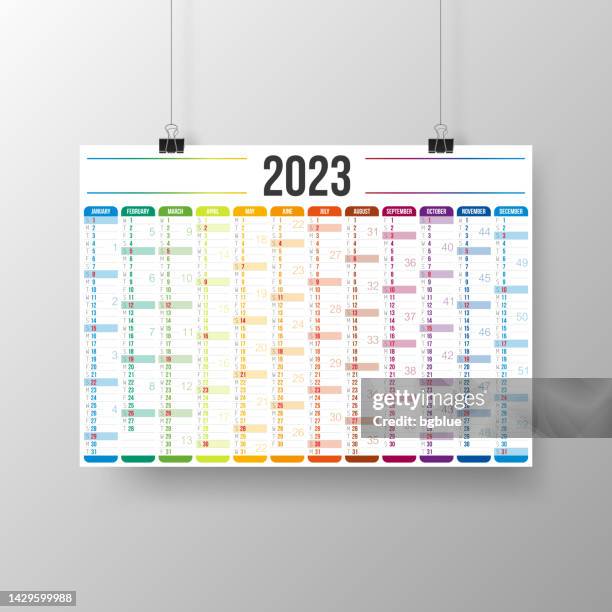 ilustraciones, imágenes clip art, dibujos animados e iconos de stock de calendario 2023 - póster en brackground gris - calendario pared