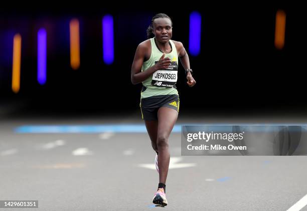 Joyciline Jepkosgei of Kenya finishes in second place in the Elite Women's Marathon during the 2022 TCS London Marathon on October 02, 2022 in...
