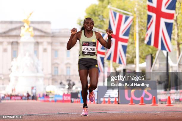 Joyciline Jepkosgei of Kenya finishes in second place in the Elite Women's Marathon during the 2022 TCS London Marathon on October 02, 2022 in...