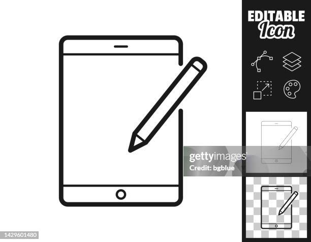 tablet pc with pen. icon for design. easily editable - digitized pen stock illustrations