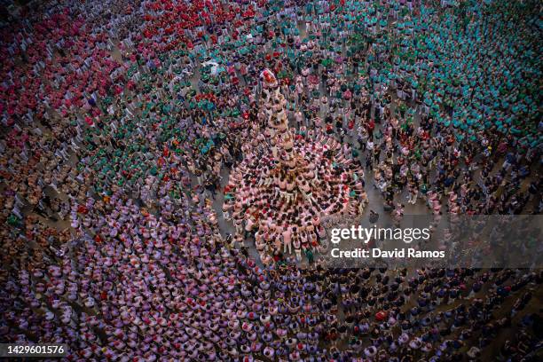 Members of the colla 'Xiquets de Tarragona' build a human tower during the 28th Tarragona Competition on October 2, 2022 in Tarragona, Spain. The...