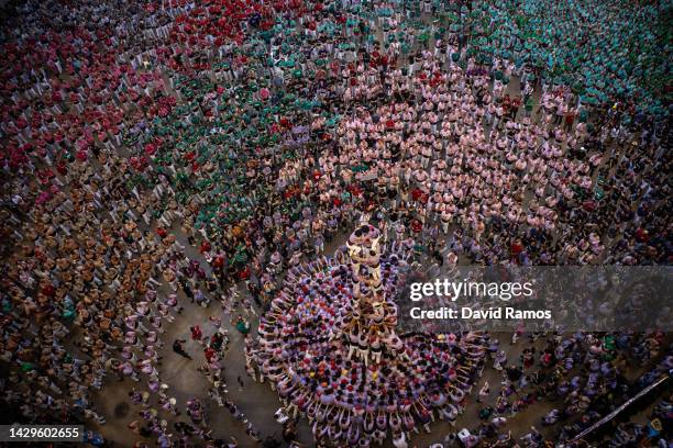 Members of the colla 'Jove de Tarragona' build a human tower during the 28th Tarragona Competition on October 2, 2022 in Tarragona, Spain. The...