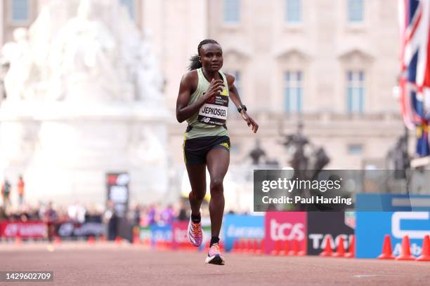 Joyciline Jepkosgei of Kenya finishes in second place in the Elite Women's Marathon during the 2022 TCS London Marathon on October 02, 2022 in...