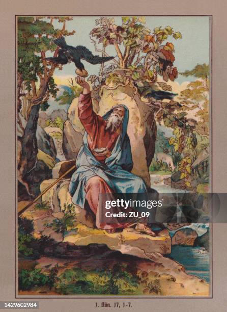 ilustraciones, imágenes clip art, dibujos animados e iconos de stock de elijah en el brook kerith, cromolitografía, publicado alrededor de 1880 - elijah arroyo