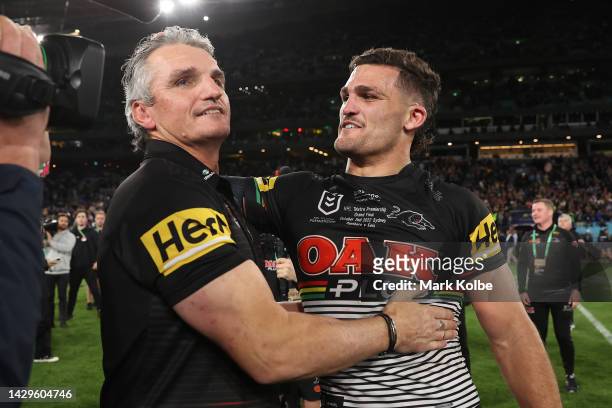 Nathan Cleary of the Panthers and Panthers coach Ivan Cleary embrace as they celebrate victory in the 2022 NRL Grand Final match between the Penrith...