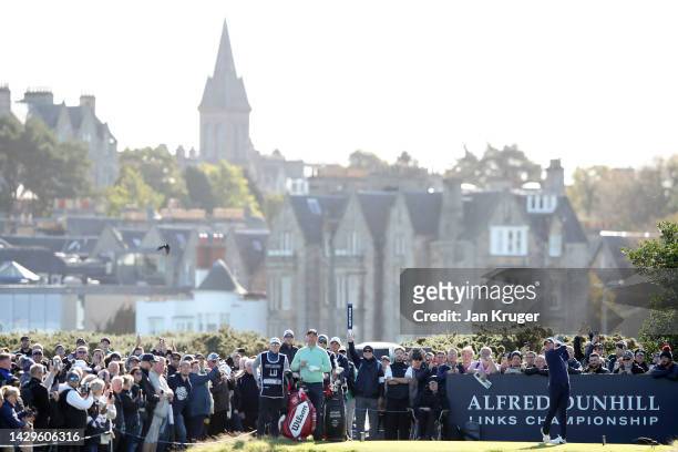 Rory McIlroy of Northern Ireland tees off on the 3rd hole on Day Four of the Alfred Dunhill Links Championship on the Old Course St. Andrews on...
