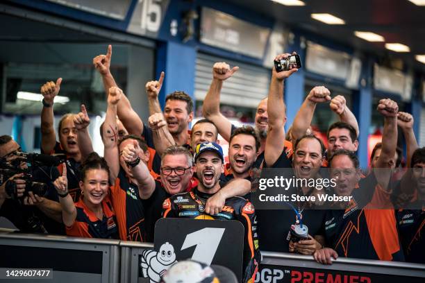 Miguel Oliveira of Portugal and Red Bull KTM Factory Racing celebrates with his team during the race of the MotoGP OR Thailand Grand Prix at Chang...