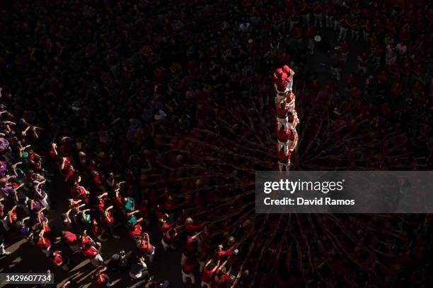 Members of the colla 'Joves de Valls' build a human tower during the 28th Tarragona Competition on October 2, 2022 in Tarragona, Spain. The...