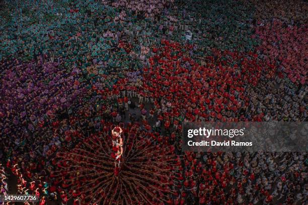 Members of the colla 'Joves de Valls' build a human tower during the 28th Tarragona Competition on October 2, 2022 in Tarragona, Spain. The...