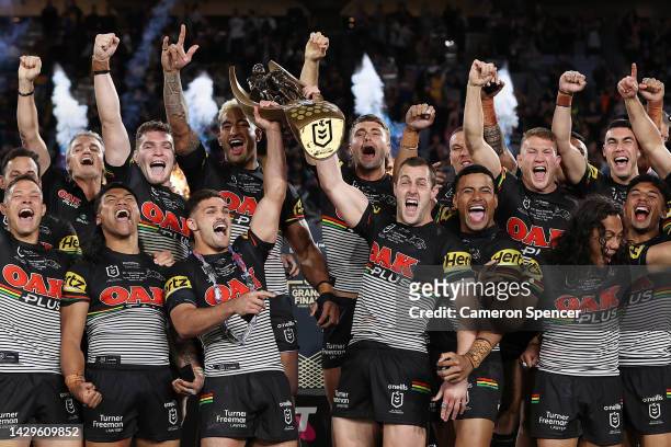 The Panthers celebrate with the NRL Premiership Trophy after victory in the 2022 NRL Grand Final match between the Penrith Panthers and the...