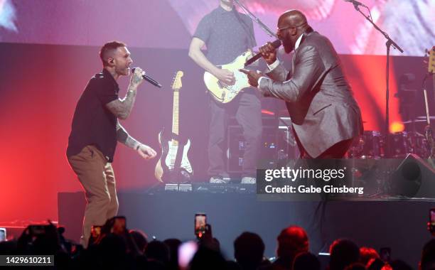 Singer Adam Levine of Maroon 5 and Shaquille O'Neal perform during The Event hosted by the Shaquille O'Neal Foundation at MGM Grand Garden Arena on...