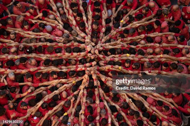 Members of the colla 'Joves de Valls' build a human tower during the 28th Tarragona Competition on October 2, 2022 in Tarragona, Spain. The...