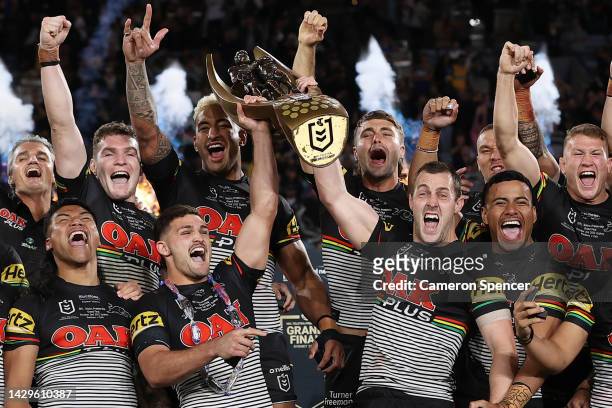The Panthers celebrate with the NRL Premiership Trophy after victory in the 2022 NRL Grand Final match between the Penrith Panthers and the...