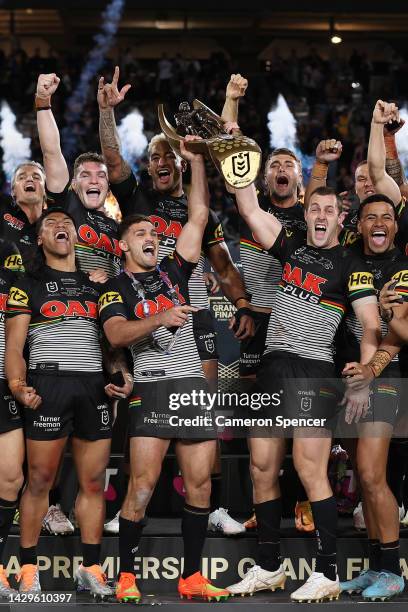 The Panthers celebrate with the NRL Premiership Trophy after victory in the 2022 NRL Grand Final match between the Penrith Panthers and the...