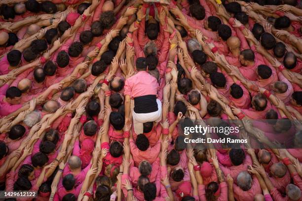 Members of the colla 'Colla Vella Xiquets de Valls' build a human tower during the 28th Tarragona Competition on October 2, 2022 in Tarragona, Spain....