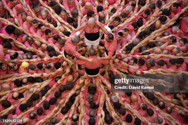 Members of the colla 'Colla Vella Xiquets de Valls' build a human tower during the 28th Tarragona Competition on October 2, 2022 in Tarragona, Spain....