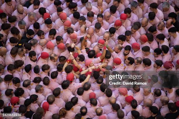 Members of the colla 'Xiquets de Tarragona' build a human tower during the 28th Tarragona Competition on October 2, 2022 in Tarragona, Spain. The...