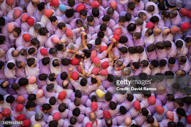 Members of the colla 'Jove de Tarragona' build a human tower during the 28th Tarragona Competition on October 2, 2022 in Tarragona, Spain. The...