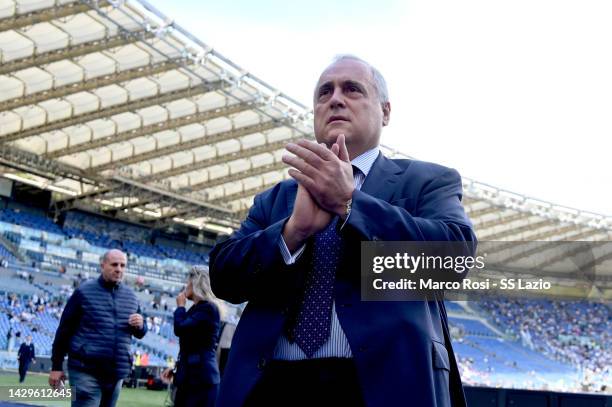 Lazio president Claudio Lotito inaugurates the Maestrelli Curve during the Serie A match between SS Lazio and Spezia Calcio at Stadio Olimpico on...