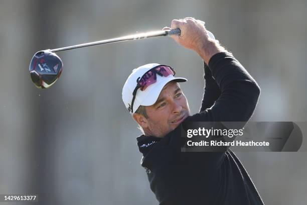 Ryan Fox of New Zealand tees off on the 2nd hole on Day Four of the Alfred Dunhill Links Championship on the Old Course St. Andrews on October 02,...