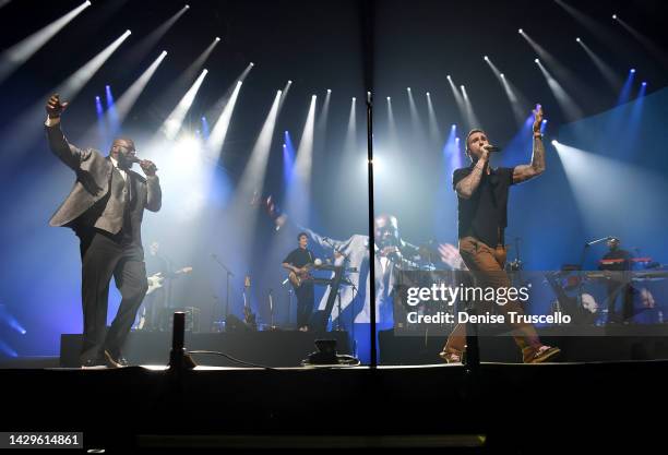 Shaquille O'Neal and Maroon 5 singer Adam Levine perform at The Event hosted by the Shaquille O'Neal Foundation at MGM Grand Garden Arena on October...