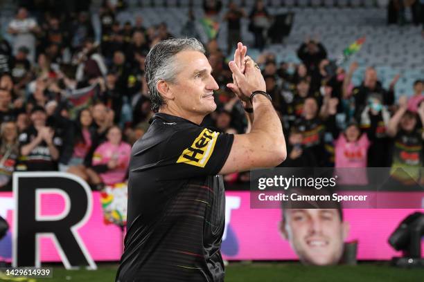 Panthers coach Ivan Cleary celebrates winning the 2022 NRL Grand Final match between the Penrith Panthers and the Parramatta Eels at Accor Stadium on...