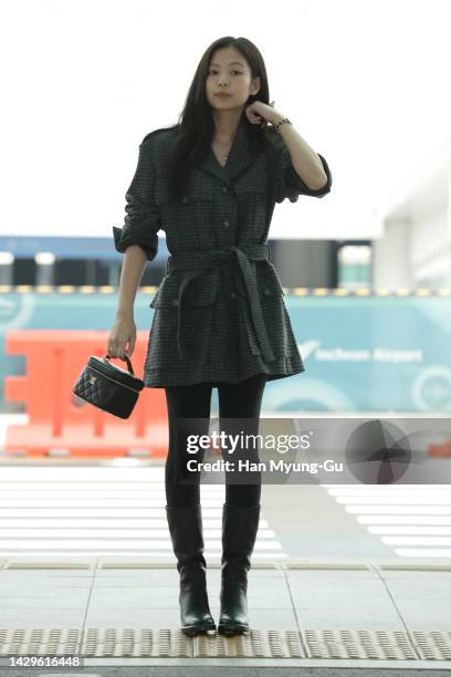 Jennie of South Korean girl group BLACKPINK is seen on departure at Incheon International Airport on October 02, 2022 in Incheon, South Korea.