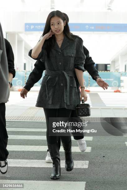 Jennie of South Korean girl group BLACKPINK is seen on departure at Incheon International Airport on October 02, 2022 in Incheon, South Korea.