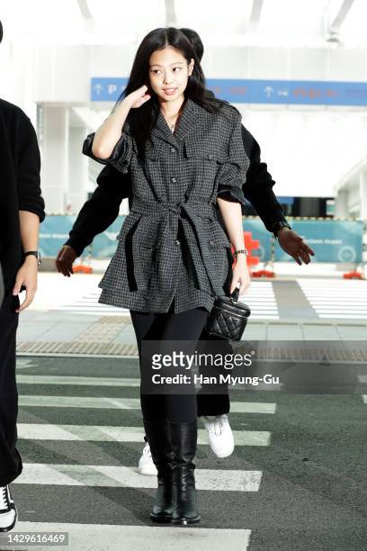 Jennie of South Korean girl group BLACKPINK is seen on departure at Incheon International Airport on October 02, 2022 in Incheon, South Korea.