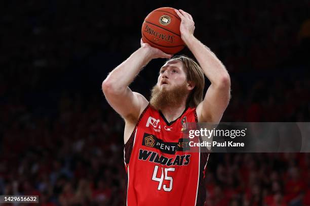 Brady Manek of the Wildcats puts a shot up during the round one NBL match between the Perth Wildcats and Brisbane Bullets at RAC Arena, on October 02...