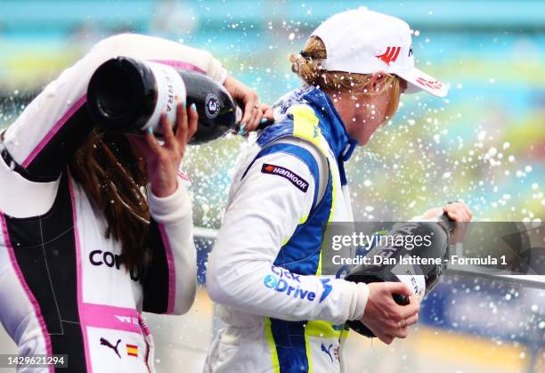 Second placed Alice Powell of Great Britain and Click2Drive Bristol Street Motors Racing and Third placed Marta Garcia of Spain and CortDAO W Series...