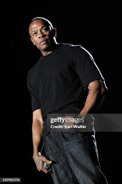 Rapper Dr. Dre performs onstage during day 3 of the 2012 Coachella Valley Music & Arts Festival at the Empire Polo Field on April 15, 2012 in Indio,...
