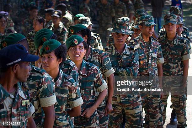 East Timorese military wait in line to vote in the run-off Presidential elections on April 16, 2012 in Dili, East Timor. The second round run-off,...