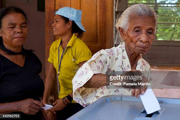 Woman casts her vote in the run-off Presidential elections on April 16, 2012 in Dili, East Timor. Horta came in third place in the first round of the...