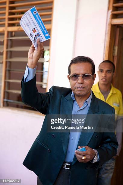 Taur Matan Ruak casts his vote in the run-off Presidential elections on April 16, 2012 in Dili, East Timor. Horta came in third place in the first...