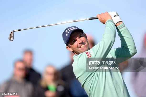 Padraig Harrington of Ireland tees off on the 8th hole on Day Four of the Alfred Dunhill Links Championship on the Old Course St. Andrews on October...