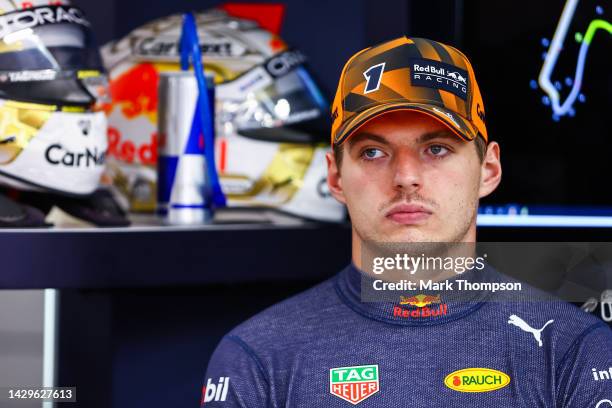 Max Verstappen of the Netherlands and Oracle Red Bull Racing looks on in the garage prior to the F1 Grand Prix of Singapore at Marina Bay Street...