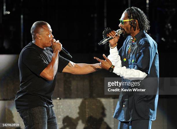 Rappers Dr. Dre and Snoop Dogg perform onstage during day 3 of the 2012 Coachella Valley Music & Arts Festival at the Empire Polo Field on April 15,...