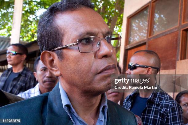 Taur Matan Ruak takes questions after casting his vote in the second round of the Presidential elections, on April 16, 2012 in Dili, East Timor. The...