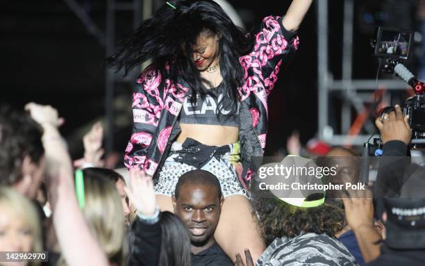 Singer Rihanna in the audience during day 3 of the 2012 Coachella Valley Music & Arts Festival at the Empire Polo Field on April 15, 2012 in Indio,...