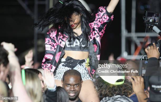 Singer Rihanna in the audience during day 3 of the 2012 Coachella Valley Music & Arts Festival at the Empire Polo Field on April 15, 2012 in Indio,...