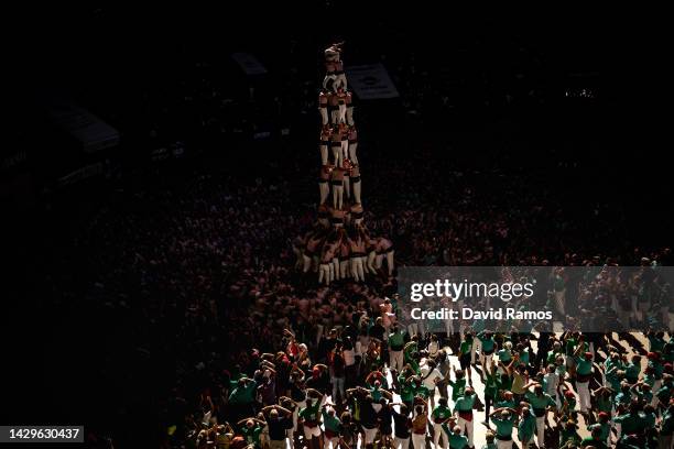 Members of the colla 'Xiquets de Tarragona' build a human tower during the 28th Tarragona Competition on October 2, 2022 in Tarragona, Spain. The...