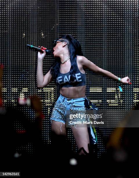 Singer Rihanna performs onstage at the 2012 Coachella Valley Music & Arts Festival held at The Empire Polo Field on April 15, 2012 in Indio,...