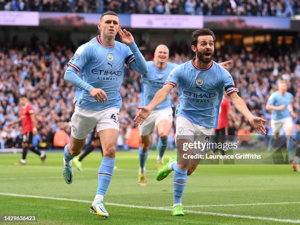 Phil Foden of Manchester City celebrates their sides first goal with team mate Bernardo Silva during the Premier League match between Manchester City...