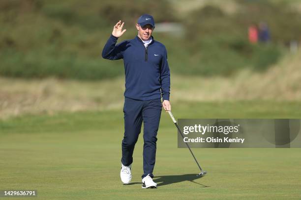 Rory McIlroy of Northern Ireland celebrates after putting on the 10th green on Day Four of the Alfred Dunhill Links Championship on the Old Course...