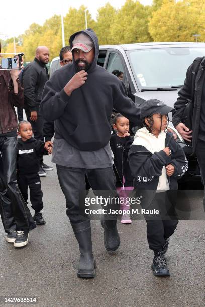 Kanye West, Saint West, Psalm West and Chicago West attend the Balenciaga Womenswear Spring/Summer 2023 show as part of Paris Fashion Week on October...
