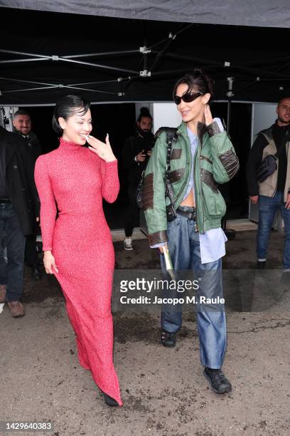 Alexa Demie and Bella Hadid attend the Balenciaga Womenswear Spring/Summer 2023 show as part of Paris Fashion Week on October 02, 2022 in Villepinte,...