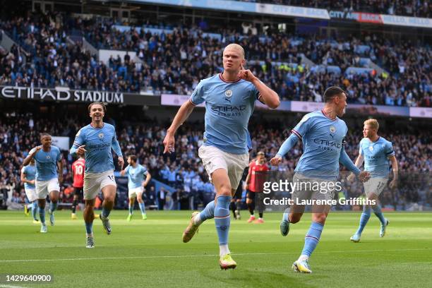 Erling Haaland of Manchester City celebrates their sides second goal during the Premier League match between Manchester City and Manchester United at...